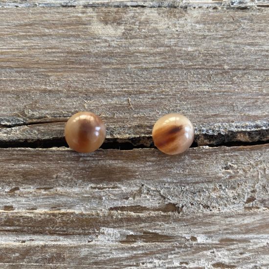 Mooie, subtiele oorknopjes van buffelhoorn. Ø 1 cm. Gevarieerde tintjes. Glans finish. Lichtgewicht.