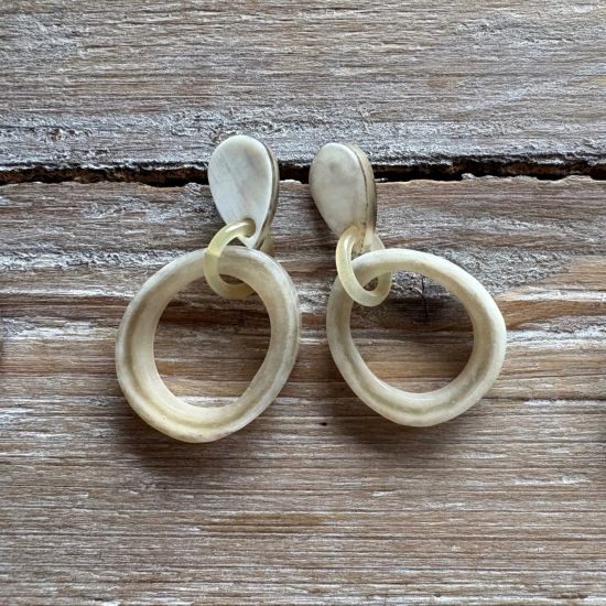 Stoere oorbellen buffelhoorn. Gevarieerde tintjes, druppel studs. Glanzend.