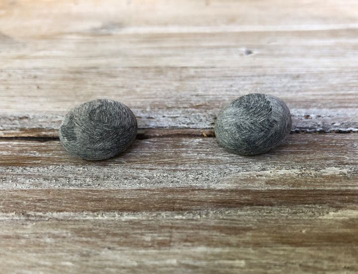 Stoere oorknopjes van geborsteld buffelhoorn, Grijze matte finish. Titanium pin & stopjes.