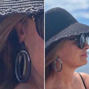 Handgemaakte buffelhoorn oorbellen met dubbele ovale schakels, matte finish.