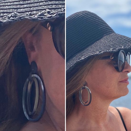 Handgemaakte buffelhoorn oorbellen met dubbele ovale schakels, matte finish.