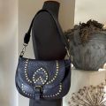 Gewassen leren tas met studjes, dark blue. 28 x h 21 x 8 cm