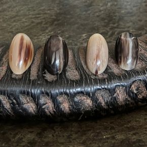 Handgemaakte buffelhoorn ring in gevarieerde tintjes. Glans finish +/- 4cm