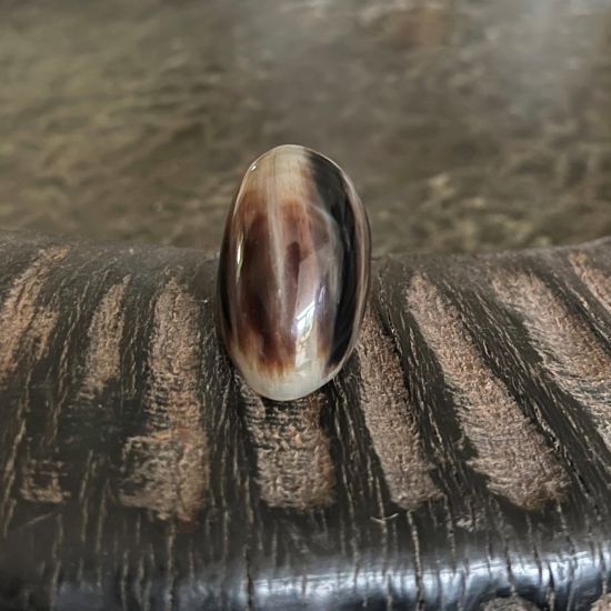 Handgemaakte buffelhoorn ring in gevarieerde tintjes. Glans finish +/- 4cm
